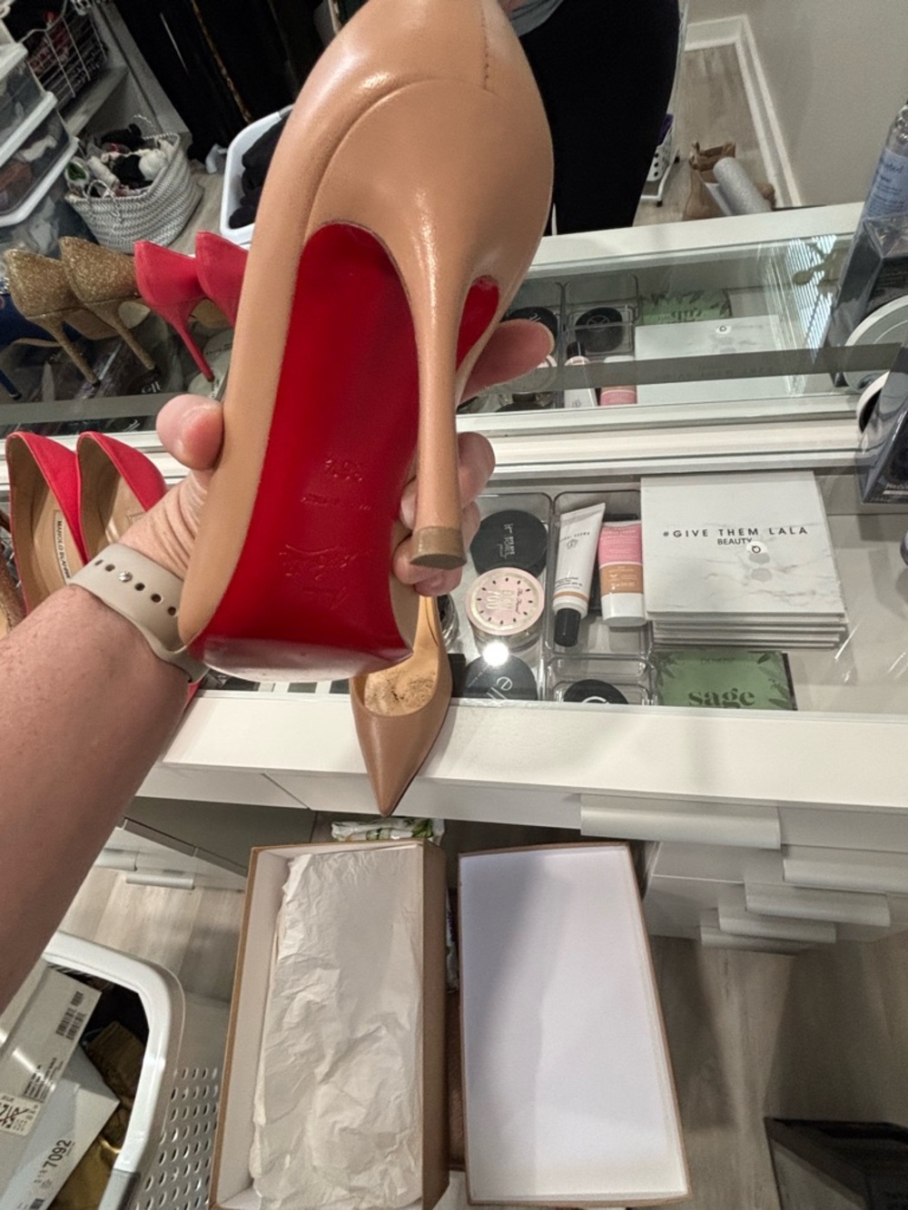 Christian Louboutin Nude/Tan Leather Pointed-Toe Pumps - Picture 5 of 6